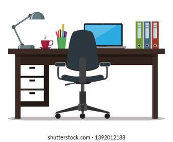 IT Workplace in office - desk with computer laptop, lamp, chair, stationery and cup of cofee flat color icon isolated on white background. Vector illustration