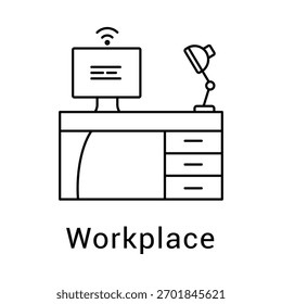 Icono de línea de casa de trabajo remoto de computadora de escritorio de oficina