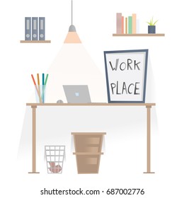 Workplace in office. Desk with laptop, shelves with folders and wastepaper basket under the table. Vector illustration, isolated on white background.