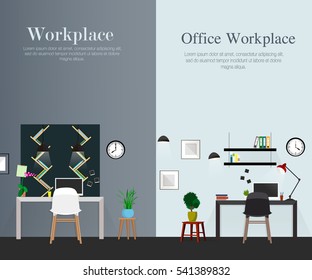 Workplace in office. Workplace with desk, shelves, electronics, books. Designer workplace office worker.