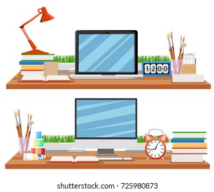 Workplace in office with desk, shelves, electronics, books. Modern Desk with computer set documents and stationery is Workplace use for web template banner and presentations ,flat computer.