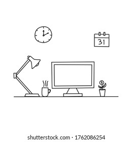 workplace office desk table with a computer screen monitor doodle hand drawn style. line art drawing vector illustration