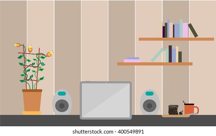 workplace office desk with a tablet, a flower in a pot, bitten cake and a cup of tea, workplace , office, desk, workplace , office, desk, workplace , office, desk, workplace , office, desk