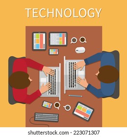 Workplace, office desk. IT technology and web design. Man working with laptop, digital devices.