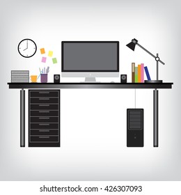  Workplace Office Desktop. Flat design vector illustration.