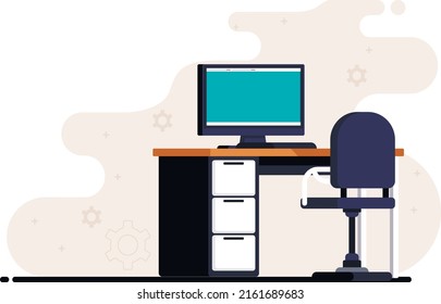 Workplace of an office employee with a computer on the table and a desk chair.