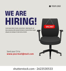 Workplace in the office with an empty chair and a vacancy sign. Hiring announcement social media post vector illustration