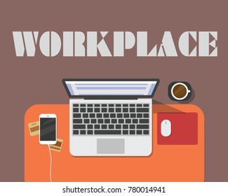 Workplace with office equipment vector. Laptop, mouse, mouse pad, phone or mobile, and cup of coffee on the table vector.