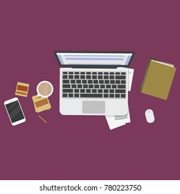 Workplace, office equipment vector. Laptop, file, paper, mobile, mouse, coffee with purple background vector.