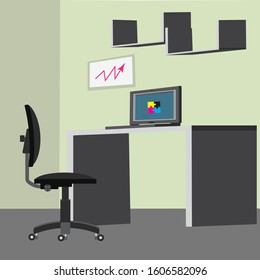  A workplace in the office, equipped with a table, an office chair, a laptop and bookshelves. Hand-drawn vector illustration in a flat style.