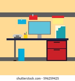Workplace in office from front view. Cabinet with works pace with table and computer. vector illustration.