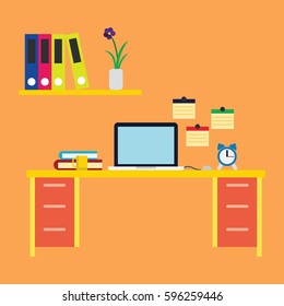 Workplace in office from front view. Cabinet with works pace with table and computer. vector illustration.