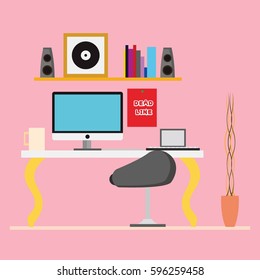 Workplace in office from front view. Cabinet with works pace with table and computer. vector illustration.
