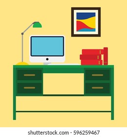 Workplace in office from front view. Cabinet with works pace with table and computer. vector illustration.