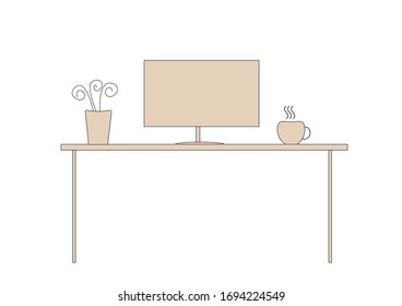 Workplace in the office or at home. Computer monitor laptop, flower and coffee Cup on the table. Vector illustration.
