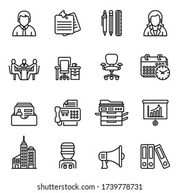 Workplace and Office icon set with white background. Thin line style stock vector.