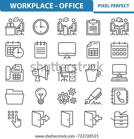 Workplace and Office Icons. Professional, pixel perfect icons optimized for both large and small resolutions. EPS 8 format. 2x size for preview.