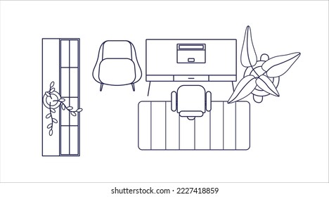 Workplace, office interior design, top view. Overhead layout, floor plan with computer desk, table, chair, cabinet and plant. Contoured outlined flat vector illustration isolated on white background