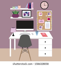 workplace office interior table chair  room vector flat illustration 