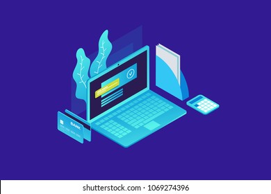 Workplace in office. Isometric image of laptop, calculator and bank cards on blue background. Vector illustration.