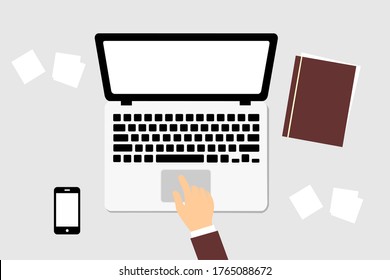 Workplace in an office with a laptop display on a gray table. Vector illustration