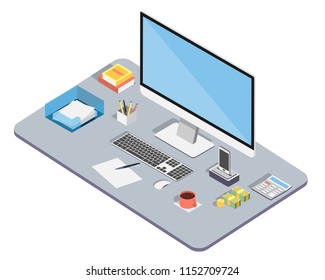 Workplace in office. Management and business. Isometric image of computer, phone and graphics tablet, carculator and book with pen on table etc. Isolated on white background.
