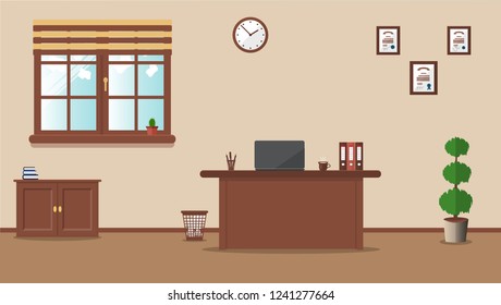 Workplace in the office on a cream background. Vector illustration. Table, clock, plant, cactus, books, diplomas. Ideal for advertising, website and magazine design