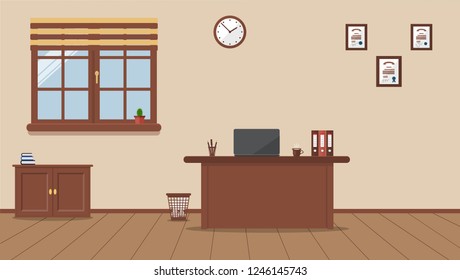 Workplace in the office on a cream background. Vector illustration. Table, clock, cactus, books, diplomas. Wooden plank floor. Ideal for advertising, website and magazine design