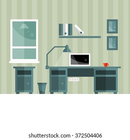 Workplace in office with one window. Flat style. Vector illustration.