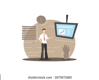 workplace for office presentation with monitor, clock, jalousie window and office plant. office worker man - cartoon character. flat style. businessman. crypto currency trader.