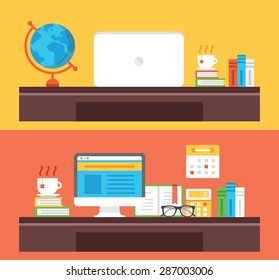 Workplace, office room, home room, school room, workspace flat illustration concepts set. Flat design concepts for web banners, web sites, printed materials, infographics. Creative vector illustration