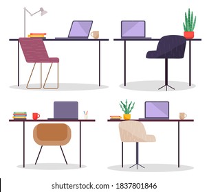 Workplace in office set. Cabinet with creative workspace with table, comfortable armchair, laptop, houseplant and books on the desk. Modern open space interior, empty contemporary co working center