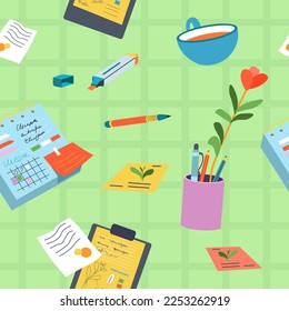 Workplace and office supplies for work, pencils and pen for writing, highlighter and clipper with papers. Cup with tea and coffee. Seamless pattern, wallpaper or background print. Vector in flat style