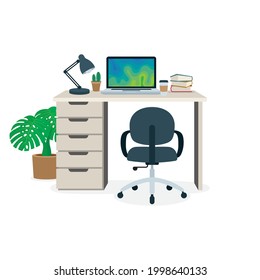 Arbeitsplatz. Bürotisch mit Laptop, Bücher, Lampe, Kaffeetasse aus Papier, Kakteen in Topf, dekorative Hauspflanze Monstera und Sessel. Rückansicht. Möbel am Arbeitsplatz. Teil des Sets.