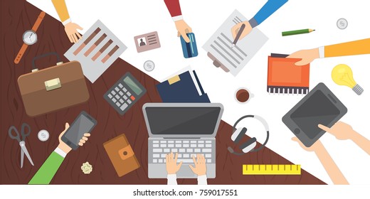 Workplace. Office table. Work in a team modern flat design.