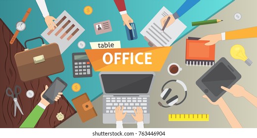 Workplace. Office table. Work in a team modern flat design.