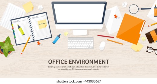 Workplace in Office with Table,Computer,Documents.Paperwork.Workplace Management Solutions.Office Jobs, Employment.Build Your Perfect Workplace.Organize Office Environment for Maximum Productivity.