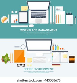 Workplace in Office with Table,Computer,Documents.Paperwork.Workplace Management Solutions.Office Jobs, Employment.Build Your Perfect Workplace.Organize Office Environment for Maximum Productivity.