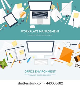 Workplace in Office with Table,Computer,Documents.Paperwork.Workplace Management Solutions.Office Jobs, Employment.Build Your Perfect Workplace.Organize Office Environment for Maximum Productivity.