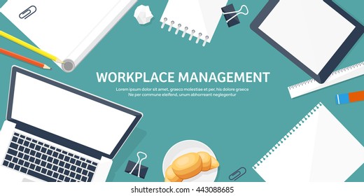 Workplace in Office with Table,Computer,Documents.Paperwork.Workplace Management Solutions.Office Jobs, Employment.Build Your Perfect Workplace.Organize Office Environment for Maximum Productivity.