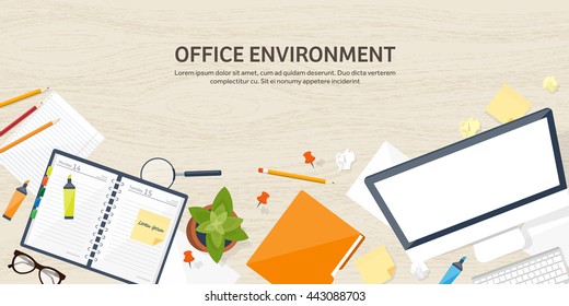 Workplace in Office with Table,Computer,Documents.Paperwork.Workplace Management Solutions.Office Jobs, Employment.Build Your Perfect Workplace.Organize Office Environment for Maximum Productivity.