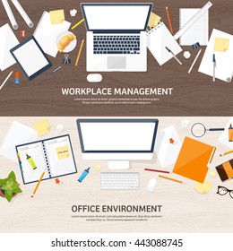 Workplace in Office with Table,Computer,Documents.Paperwork.Workplace Management Solutions.Office Jobs, Employment.Build Your Perfect Workplace.Organize Office Environment for Maximum Productivity.