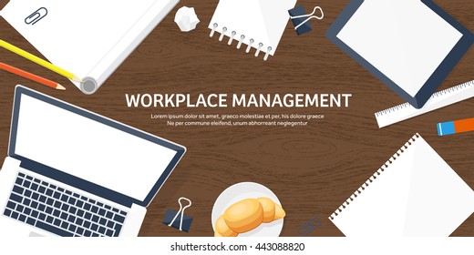 Workplace in Office with Table,Computer,Documents.Paperwork.Workplace Management Solutions.Office Jobs, Employment.Build Your Perfect Workplace.Organize Office Environment for Maximum Productivity.