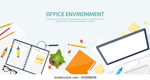 Workplace in Office with Table,Computer,Documents.Paperwork.Workplace Management Solutions.Office Jobs, Employment.Build Your Perfect Workplace.Organize Office Environment for Maximum Productivity.