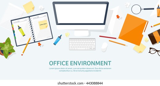 Workplace in Office with Table,Computer,Documents.Paperwork.Workplace Management Solutions.Office Jobs, Employment.Build Your Perfect Workplace.Organize Office Environment for Maximum Productivity.