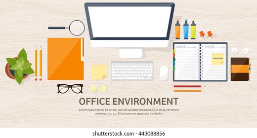 Workplace in Office with Table,Computer,Documents.Paperwork.Workplace Management Solutions.Office Jobs, Employment.Build Your Perfect Workplace.Organize Office Environment for Maximum Productivity.