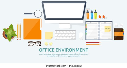 Workplace in Office with Table,Computer,Documents.Paperwork.Workplace Management Solutions.Office Jobs, Employment.Build Your Perfect Workplace.Organize Office Environment for Maximum Productivity.