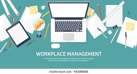 Workplace in Office with Table,Computer,Documents.Paperwork.Workplace Management Solutions.Office Jobs, Employment.Build Your Perfect Workplace.Organize Office Environment for Maximum Productivity.