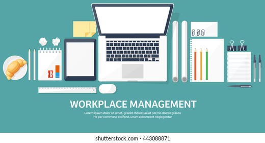 Workplace in Office with Table,Computer,Documents.Paperwork.Workplace Management Solutions.Office Jobs, Employment.Build Your Perfect Workplace.Organize Office Environment for Maximum Productivity.