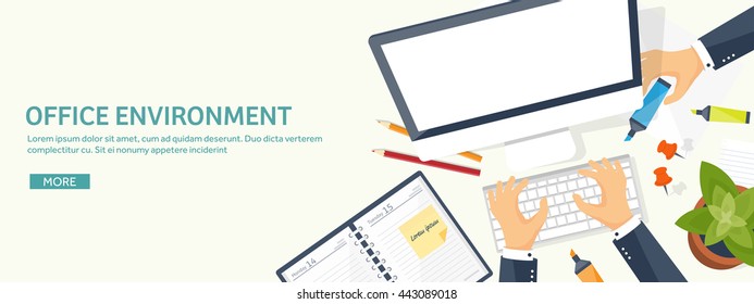 Workplace in Office with Table,Computer,Documents.Paperwork.Workplace Management Solutions.Office Jobs, Employment.Build Your Perfect Workplace.Organize Office Environment for Maximum Productivity.